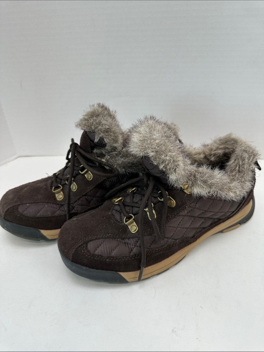 Lands' End Dark Brown Quilted Faux-Fur Trim Lace-Up Winter Sneakers